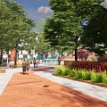 Park Landscape With Green Trees White Flowering Trees Modern Buildings And Paved Area