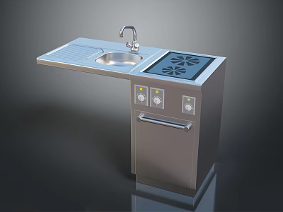 Stainless Steel Kitchen Cabinet Unit With Sink Faucet Cooktop Burners Control Knobs And Cabinet Door 3d model