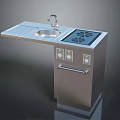 Stainless Steel Kitchen Cabinet Unit With Sink Faucet Cooktop Burners Control Knobs And Cabinet Door