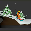 3D Model Scene Featuring Snowboarder In Orange Outfit Origami Style Pine Trees And Snowy Ground
