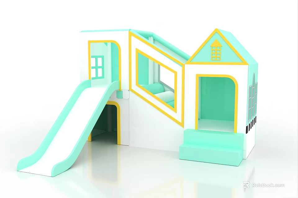 Kids Play Equipment With Slide House Shaped Structure Light Blue White And Yellow Trim 3d model 