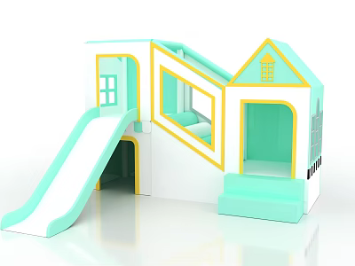 Kids Play Equipment With Slide House Shaped Structure Light Blue White And Yellow Trim 3d model