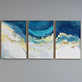 Three Panel Abstract Wall Art With Blue Gold White Brush Strokes Design