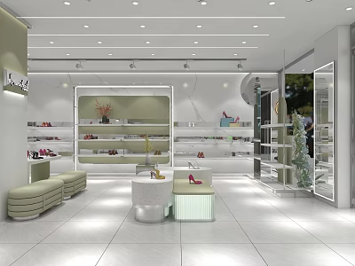 Modern Shoe Boutique Interior With Display Shelves Seating Area And Bright Lighting 3d model
