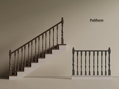 Wooden Staircase Railing and Platform Balustrade with Dark Brown Design on Light Background 3d model