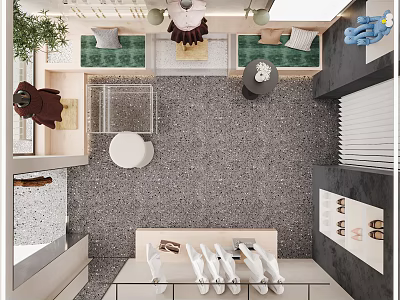 Modern Clothing Store Interior With Display Racks Mannequins Shoe Displays Green Plants And Cozy Seating 3d model
