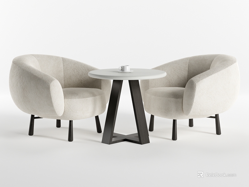 Modern Round Table With Black Legs And Two Light Beige Upholstered Curved Armchairs 3d model 