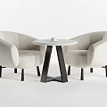 Modern Round Table With Black Legs And Two Light Beige Upholstered Curved Armchairs