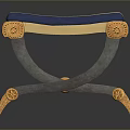 Elegant Classic Stool with Blue Striped Cushion Golden Decorations and Black Frame Curved Legs