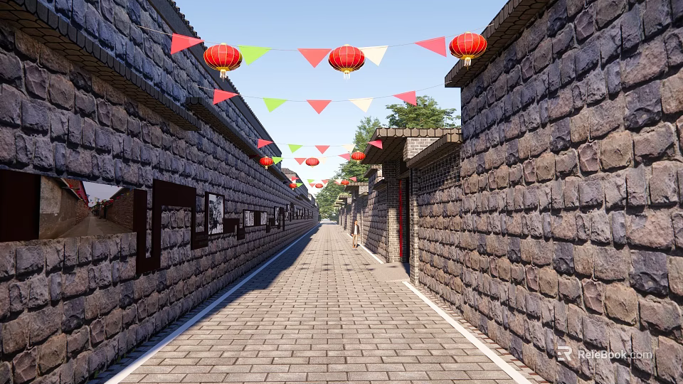 Ancient Alley With Stone Walls Red Lanterns Colorful Flags And Brick Path 3d model 