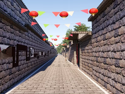 Ancient Alley With Stone Walls Red Lanterns Colorful Flags And Brick Path 3d model