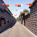 Ancient Alley With Stone Walls Red Lanterns Colorful Flags And Brick Path