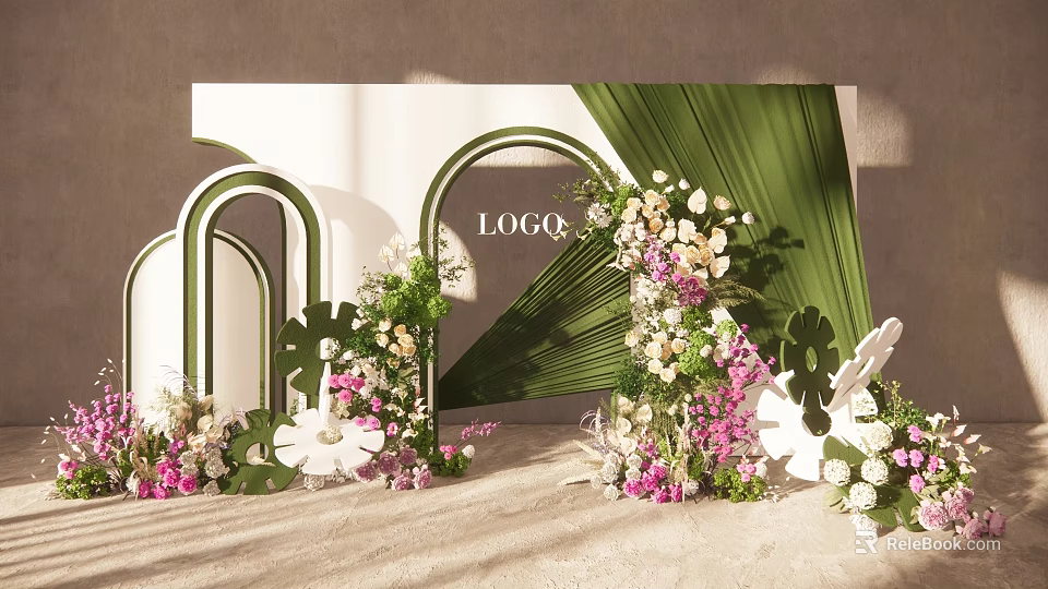 Elegant Floral Installation With Green Arched Structures Large Tropical Leaves And Pink White Blooms 3d model 