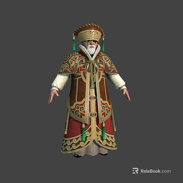 Ornate Traditional Character In Embroidered Robe With Decorative Hat And Green Tassels 3d model 