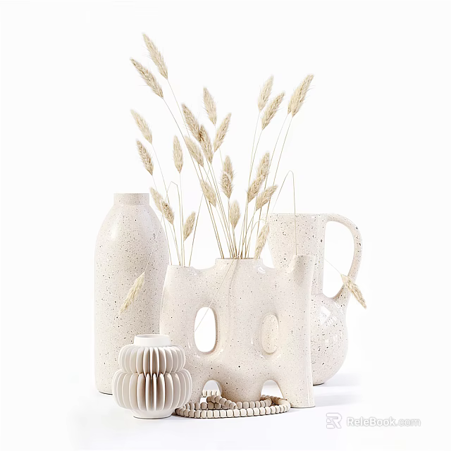 Modern Minimalist Ceramic Decorative Ornament Set With Dried Wheat And Vases For Home Decor 3d model 