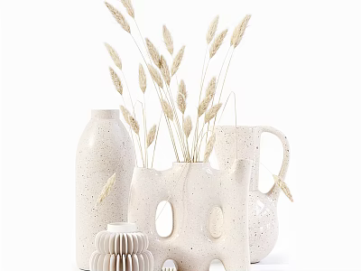 Modern Minimalist Ceramic Decorative Ornament Set With Dried Wheat And Vases For Home Decor 3d model