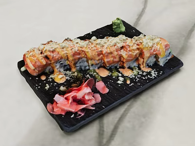 Fresh Sushi Roll with Creamy Sauce Crunchy Toppings and Wasabi Pickled Ginger on Black Plate 3d model
