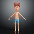 3D Cartoon Boy With Brown Short Hair And Blue Shorts Barefoot Arms Outstretched Dark Background
