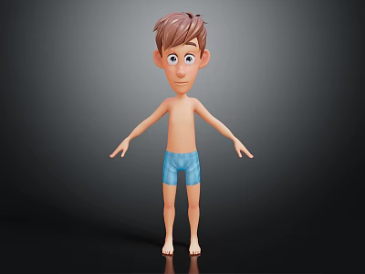 3D Cartoon Boy With Brown Short Hair And Blue Shorts Barefoot Arms Outstretched Dark Background 3d model