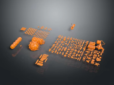 Orange 3D Printed Parts With Various Shapes And Structures On Dark Background 3d model