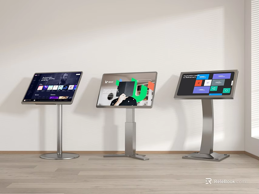 Three Standing Touchscreen Displays Showing Various Content With Wooden Floor And White Wall 3d model 