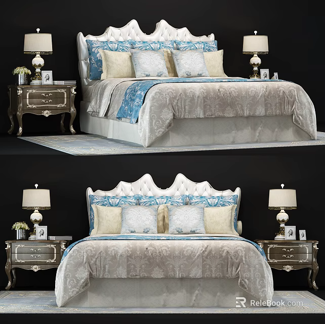 Luxurious Double Bed With Ornate Headboard Pillows And Nightstands With Table Lamps 3d model 
