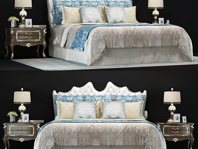 Luxurious Double Bed With Ornate Headboard Pillows And Nightstands With Table Lamps 3d model