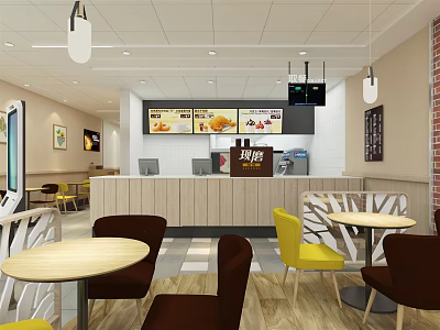 Modern Restaurant Interior With Round Tables Colorful Chairs Pendant Lights And Service Counter 3d model