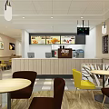 Modern Restaurant Interior With Round Tables Colorful Chairs Pendant Lights And Service Counter
