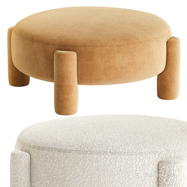 Stylish Round Ottoman Stools In Taupe Velvet And Cream Textured Fabric With Cylindrical Legs 3d model 