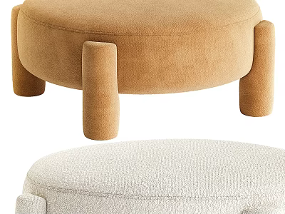 Stylish Round Ottoman Stools In Taupe Velvet And Cream Textured Fabric With Cylindrical Legs 3d model