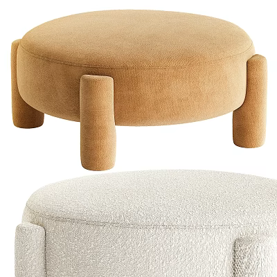 Stylish Round Ottoman Stools In Taupe Velvet And Cream Textured Fabric With Cylindrical Legs 3d model