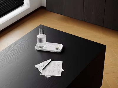 Decorative Ornament Set With White Tray Transparent Bottle And Folded White Tissues On Black Table 3d model