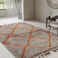 Gray Square Rug With Orange Geometric Pattern And Tasseled Edges In Bright Minimalist Room 3d model