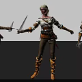 Three Fantasy Female Warriors Holding Swords In Leather Outfit And Brown Boots