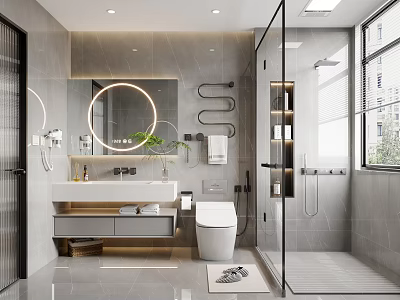 Modern Bathroom Interior Design With Round Mirror Gray Tiles Vanity Toilet And Shower Area 3d model