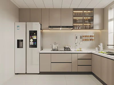 Modern Kitchen Interior Design With Gray Cabinets White Refrigerator And Glass Door Cabinets 3d model