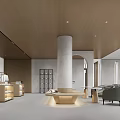 Modern Tourist Center Interior Design With Archway Wooden Ceiling Sofas Bookshelves And Staircase