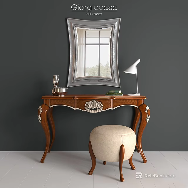 Elegant Wooden Dressing Table With Decorative Mirror Table Lamp Vase And Upholstered Stool 3d model 