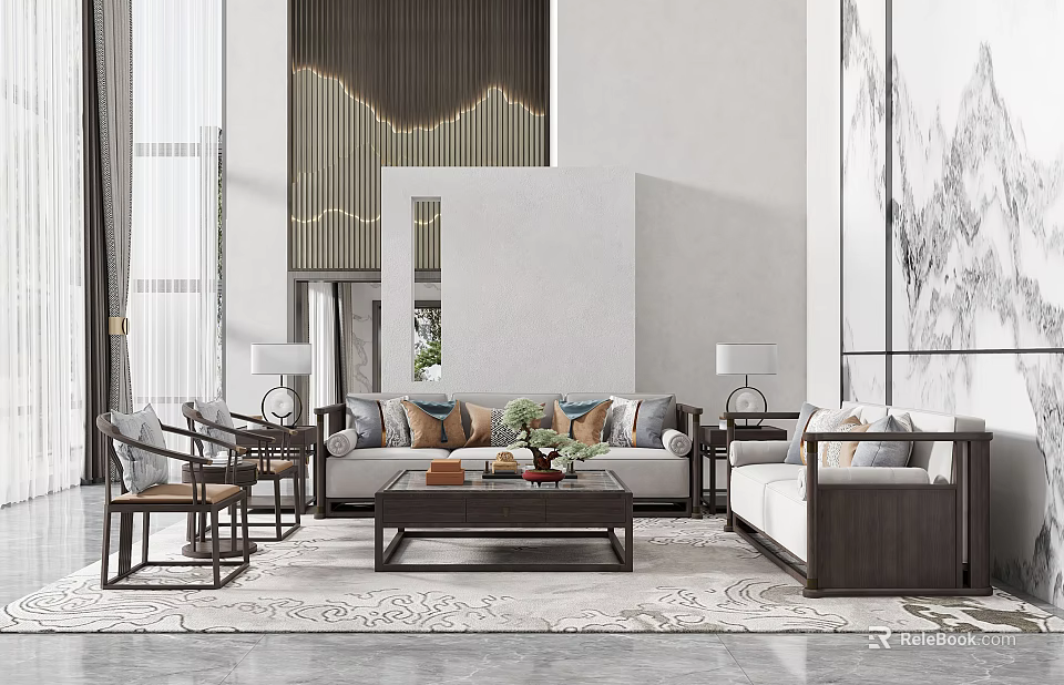 Duplex Living Room Interior Design With Sofa Coffee Table Patterned Rug And Wall Art 3d model