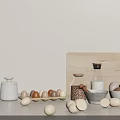 Natural Minimalist Kitchen Utensils with White Jars Egg Carton Glass Bottles and Bowls