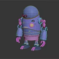 Blue And Purple Robot With Round Head Yellow Buttons Pink Joints Standing On Black Reflective Surface