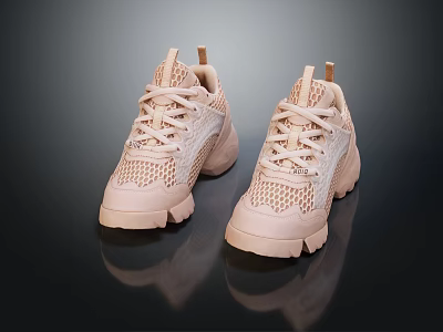 Stylish Pastel Pink Lace Up Mesh Sneakers With Chunky Sole And Breathable Design 3d model