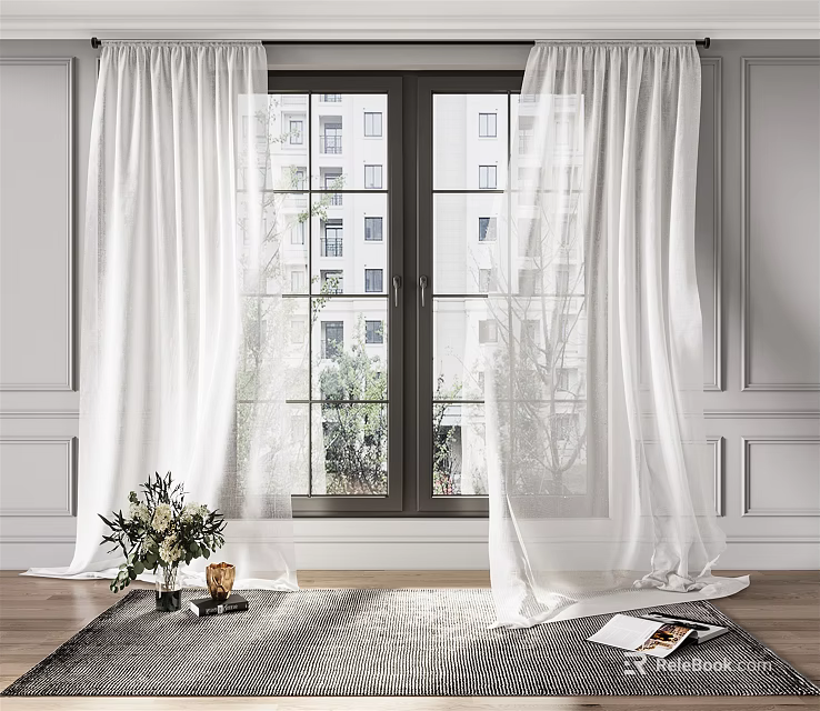Elegant White Sheer Curtains In Modern Living Room With Window And Natural Light 3d model 