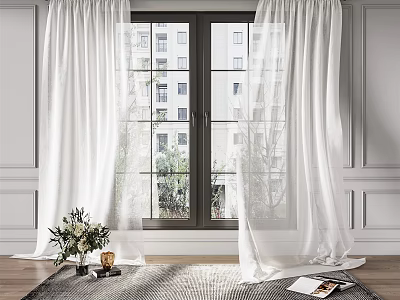 Elegant White Sheer Curtains In Modern Living Room With Window And Natural Light 3d model