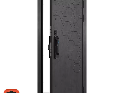 Modern Black Swing Door With Hexagonal Pattern And Smart Lock Design 3d model