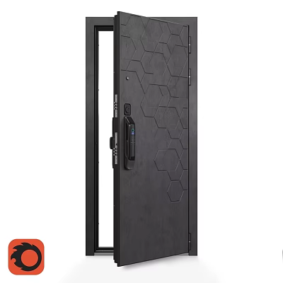 Modern Black Swing Door With Hexagonal Pattern And Smart Lock Design 3d model