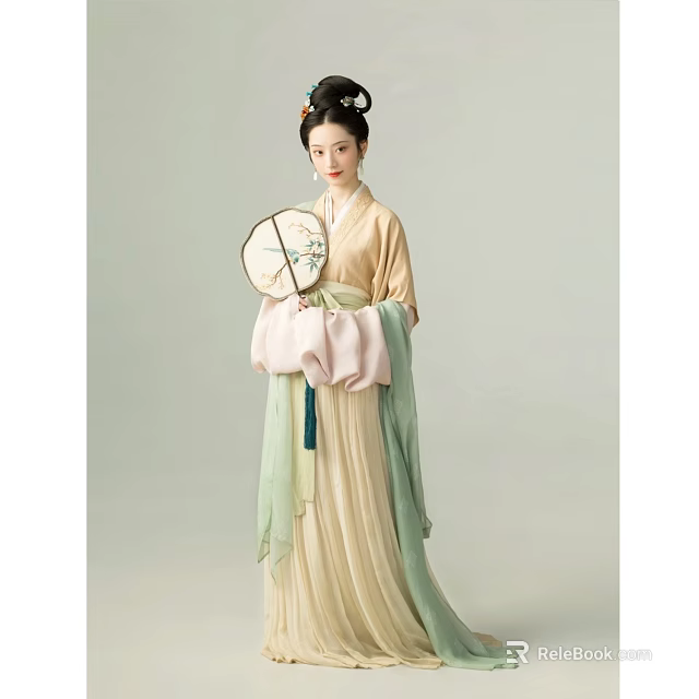 Woman In Traditional Hanfu Holding Round Fan With Classic Hairstyle And Ornaments 3d model 