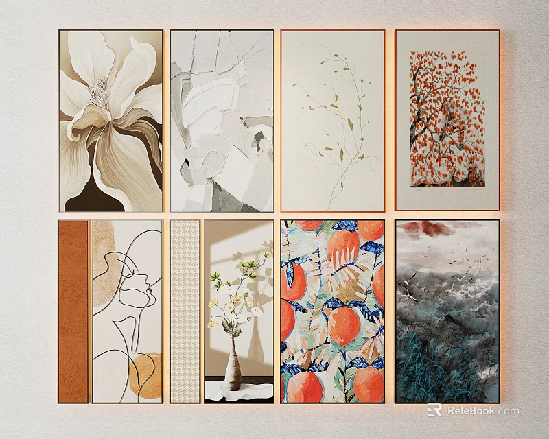 Diverse Decorative Paintings Featuring Flower Abstract Nature Themes For Wall Art 3d model 