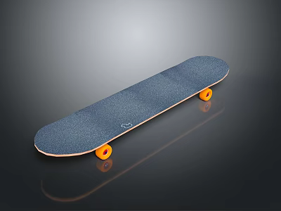 Blue Skateboard With Textured Deck And Orange Wheels On Dark Background 3d model
